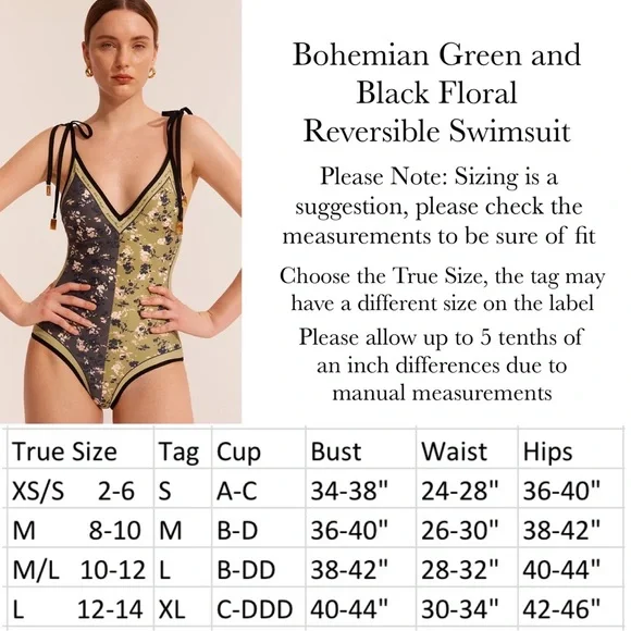 Boho Green & Black Floral Reversible Swimsuit with Shoulder Ties - Picture 16 of 16
